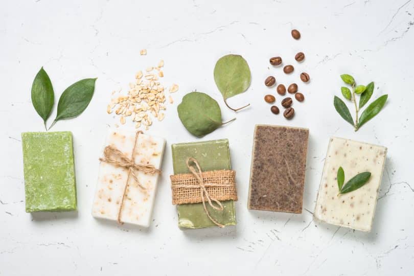 Natural soap bars on white top view (Soap making kits for beginners)