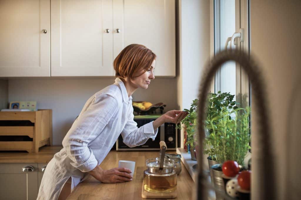 Want to start a garden but don't have the time to manage lots of outdoor plants? Check out our resources and info on indoor gardening supplies! (Image: A young woman with cup of coffee standing indoors in kitchen, looking at plant.)