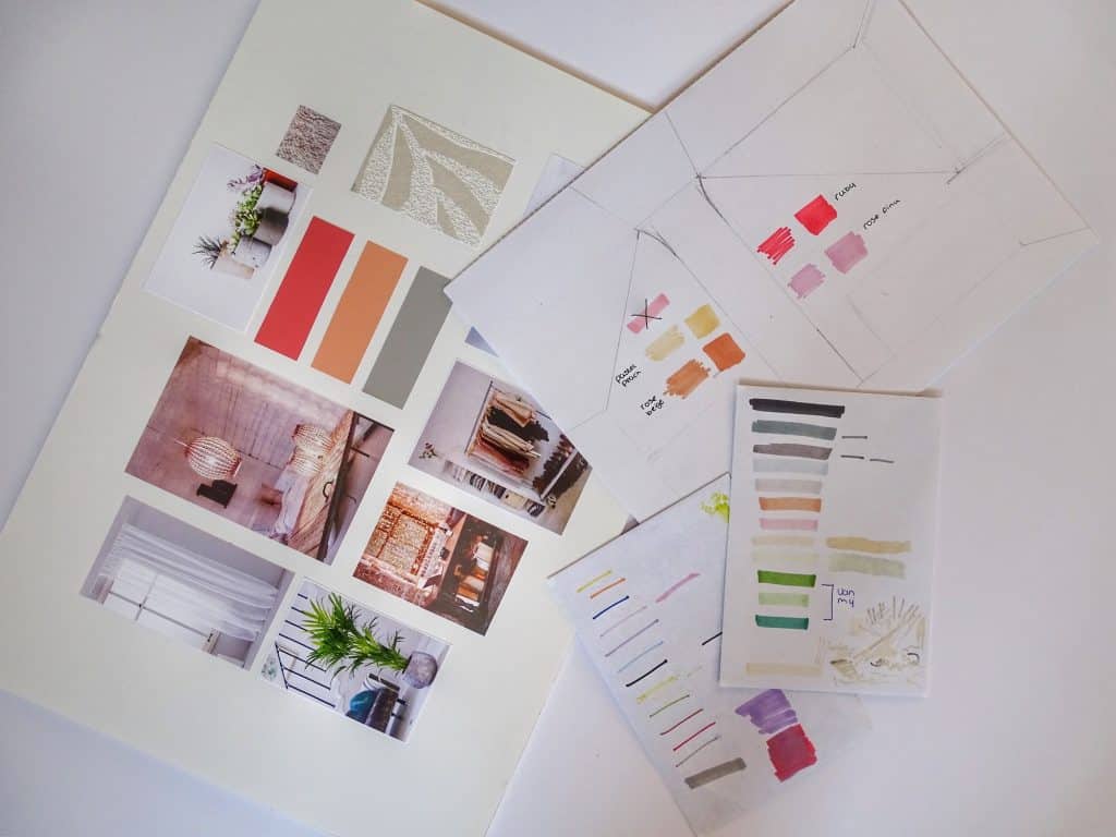 Image shows a mood board with various pictures of rooms and colors for interior design inspiration.