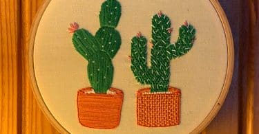 hand embroidered cactus design on wooden wall